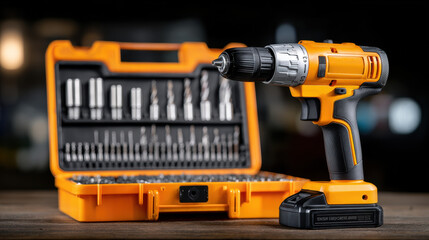 Fototapeta premium Cordless drill with set of drill bits orange toolbox wooden surface, close up shot showing drill black and yellow design, suitable for home improvement or construction projects, with blurred