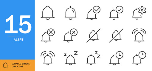 ALERT icon set. Minimal line vector symbols featuring bell, alarm clock, X/O signs, zzz sleep figure. Clean black & white design for notifications, sound, volume, sun protection. Editable stroke.