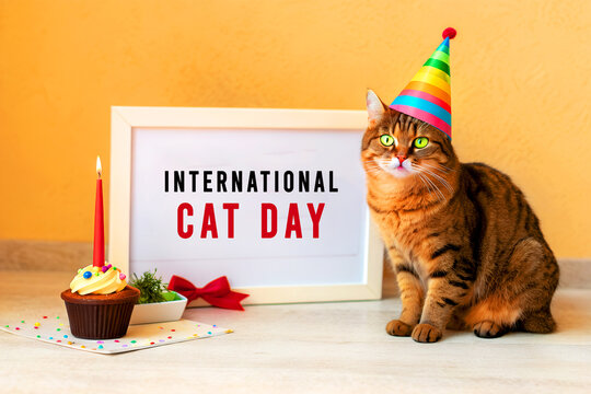 Adorable brown tabby cat celebrating international cat day with cupcake and party hat