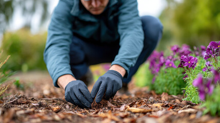 Person wearing gloves is planting or tending to garden bed with purple flowers and mulch, showing care and attention to plant growth and garden maintenance
