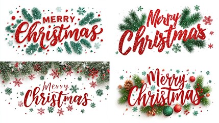 Holiday graphics "Merry Christmas" in decorative text with evergreen & ornaments