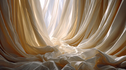 Coffee breakfast nook for quiet time concept. Soft light filtering through draped fabric creates an ethereal atmosphere.
