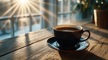 Coffee breakfast nook for quiet time concept. Warm coffee cup surrounded by sunlight and rustic charm.