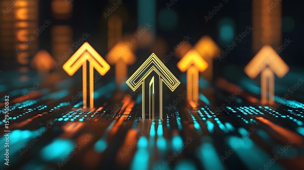 Aufkleber golden arrows pointing upwards on a digital data stream background