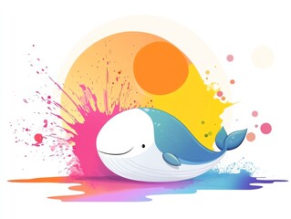 A colorful cartoon whale swimming joyfully under a vibrant sun, surrounded by splashes of paint.