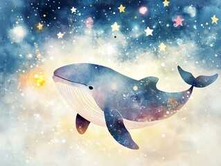 A whimsical watercolor whale swims through a starry night filled with vibrant colors and celestial wonders.