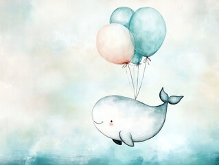 A whimsical illustration of a joyful whale floating with colorful balloons against a soft, dreamy background.