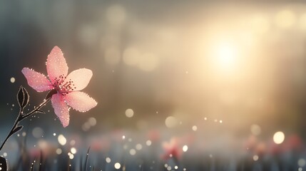 A delicate pink flower glistens with dew, bathed in soft morning light, creating a serene and tranquil atmosphere.