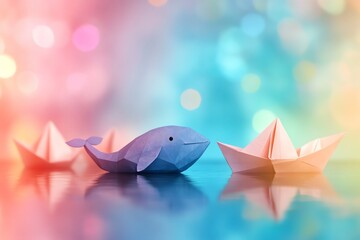A whimsical scene of origami whale on a colorful background, showcasing creativity and playfulness.