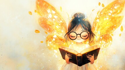A whimsical depiction of a girl with butterfly wings, immersed in a glowing book, radiating magic and wonder.