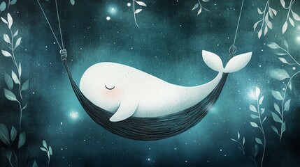 A whimsical illustration of a peaceful whale sleeping in a hammock, surrounded by stars and lush foliage, evoking calmness.
