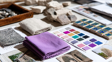 Workspace with fabric swatches, tile samples, and color palettes for interior design or renovation projects, showcasing textures, colors, and material options for home decor