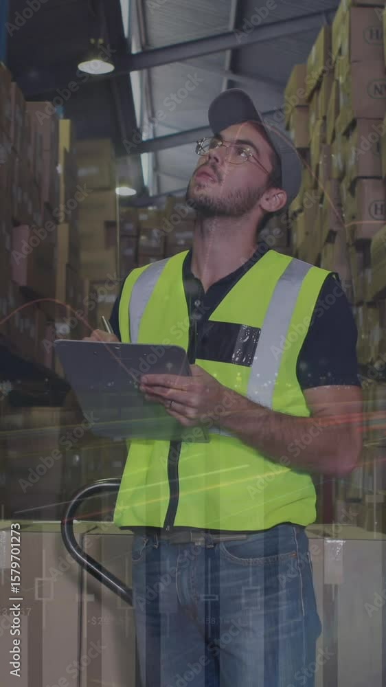 Poster animation of data processing over man working in warehouse