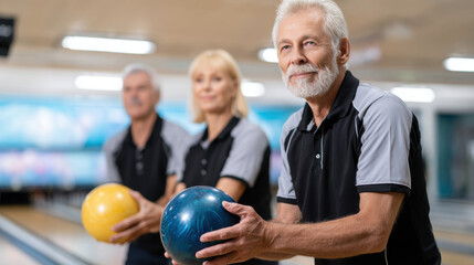 Older adults participating competitive bowling game indoor alley smiling and enjoying leisure activity friendly atmosphere casual sportswear social interaction senior recreation team activity