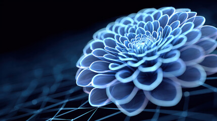 Obraz premium Digital flower with glowing blue petals forming intricate pattern, set against dark background with network of lines and points, evoking futuristic and technological aesthetic