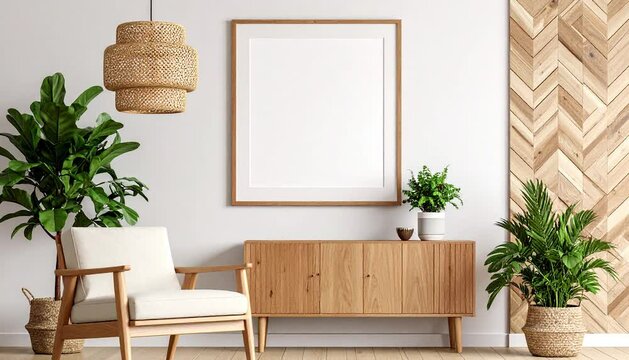 Wooden photo frame on top of a mid-century modern teak sideboard on a living room, for showcasing art prints or posters