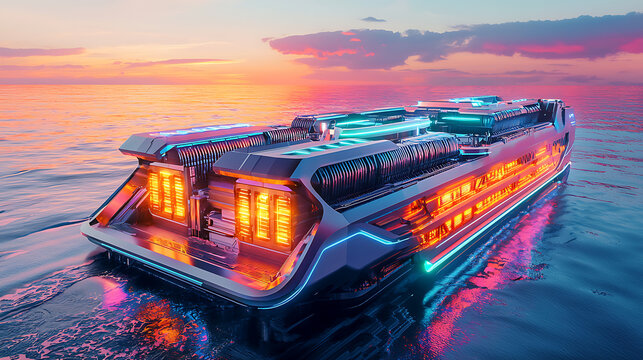 A futuristic ship with neon lights and glowing numbers is floating on the ocean