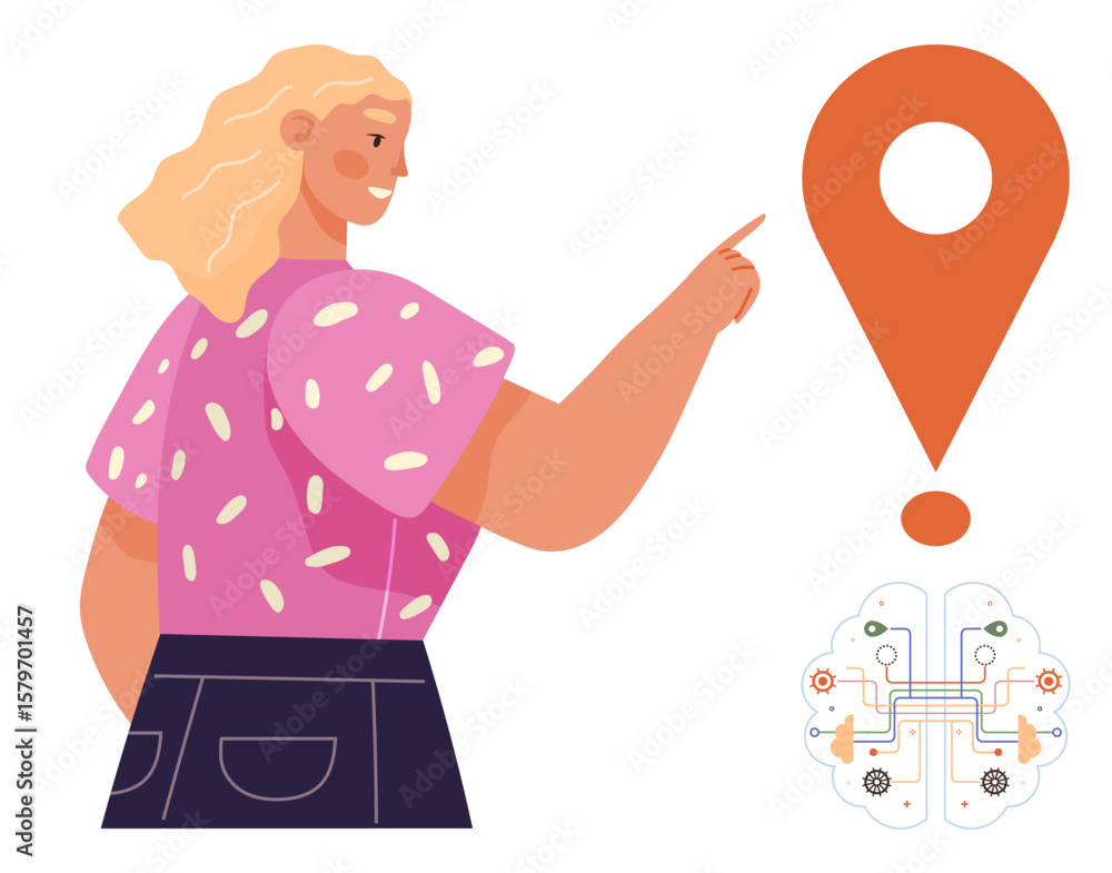Poster woman gestures towards a map pin symbol above a tech brain diagram with circuits and gears. ideal fo