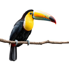 Fototapeta premium Colorful toucan bird with large beak perched on branch isolated on transparent background
