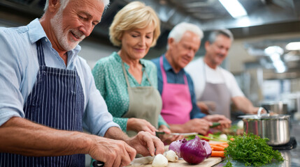 Senior adults participating in cooking class, preparing vegetables together in professional kitchen, enjoying social and educational activity focused on healthy eating habits