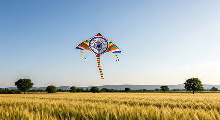 A colorful kite soaring high above a golden wheat field under a clear blue sky.