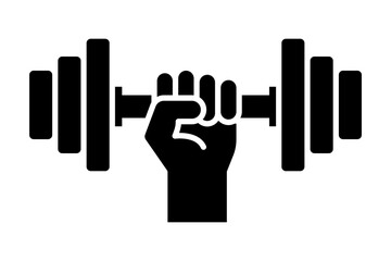 Dumbbell and barbell with hand black line icons set. Dumbbell weight vector. Gym dumbbell icon collection. Barbell and dumbbell silhouettes. Vector Illustration.