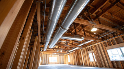 Image shows interior of building construction with exposed wooden framing and metal ventilation ducts running across ceiling. Natural light enters through multiple windows, illuminating unfinished