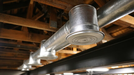 Image shows close up view of metallic ventilation pipes extending through wooden ceiling structure, with focus round end caps and shiny surface of pipes, indicating well maintained HVAC system