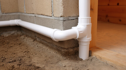 This shows close up of white plastic waste and vent pipes installed wall corner, with brick wall and wooden floor nearby, indicating plumbing installation building construction or renovation