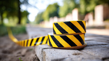 Close up of yellow and black striped caution tape rolled wooden surface outdoors, with blurred background of trees and pathway, indicating construction or restricted area, conveying warning