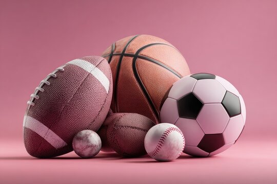 A cluster of various sports balls?basketball, football, soccer ball, baseball, and a smaller ball?rests on a pink background - Powered by Adobe