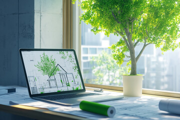 Laptop with Construction Blueprints and House Plan