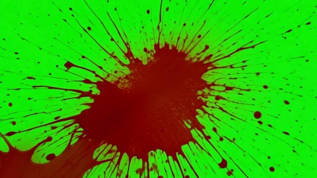 A blood splatter effect with dripping trails on a vibrant green screen background for visual effects use