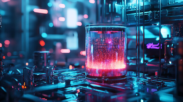 A computer chip is glowing red and blue