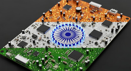 Indian flag design on a circuit board, highlighting technology and national pride.
