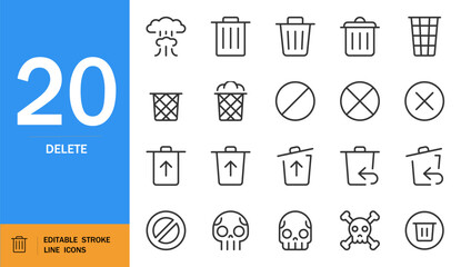 DELETE icon set. Minimal line art vector symbols. Trash, garbage can, no entry, cross-out, skull signs. Editable black stroke icons on white background.