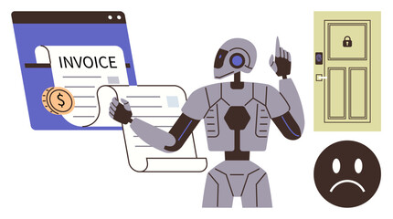 Robot examines financial invoice with dollar sign. Locked door highlights data security, sad face shows concern. Ideal for fintech, automation, AI ethics, cybersecurity, secure payment, financial