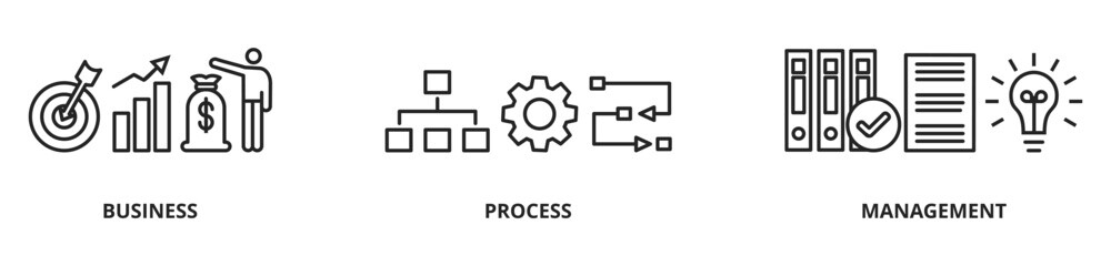 BPM - Business Process Management word lettering typography vector illustration with icons