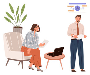 Woman seated with document, man standing with file, laptop on table, plant and chart in background. Ideal for teamwork, collaboration, communication, business planning, corporate culture strategy