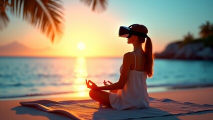 Woman meditating on beach with vr headset at sunset