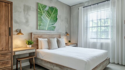 Modern bedroom with tropical art