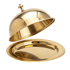 Golden serving cloche raised above empty golden plate, isolated PNG transparent background