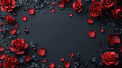 Red roses and hearts on a dark background