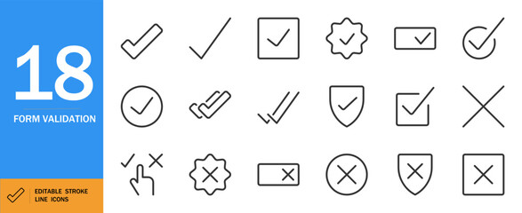 Form validation icon set. Minimal vector line art symbols. Includes checkmark, X marks, boxes with stripes, thin line icons for UI, web, forms, and more. Editable stroke.