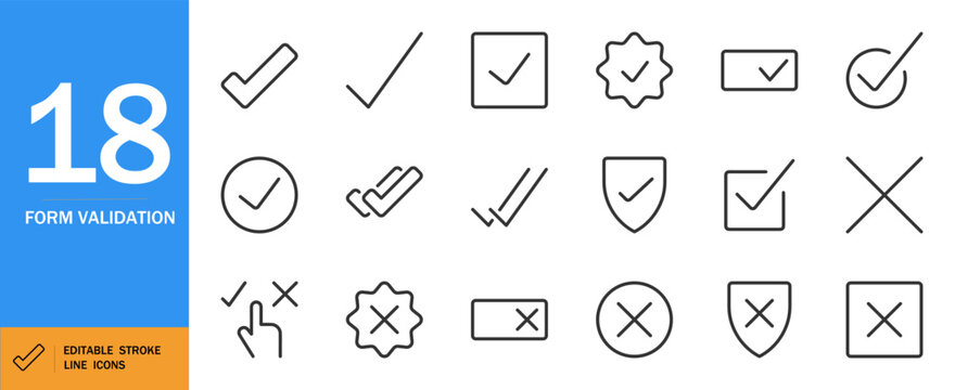 Form validation icon set. Minimal vector line art symbols. Includes checkmark, X marks, boxes with stripes, thin line icons for UI, web, forms, and more. Editable stroke.