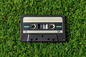 A cassette tape rests on a patch of green grass viewed from above