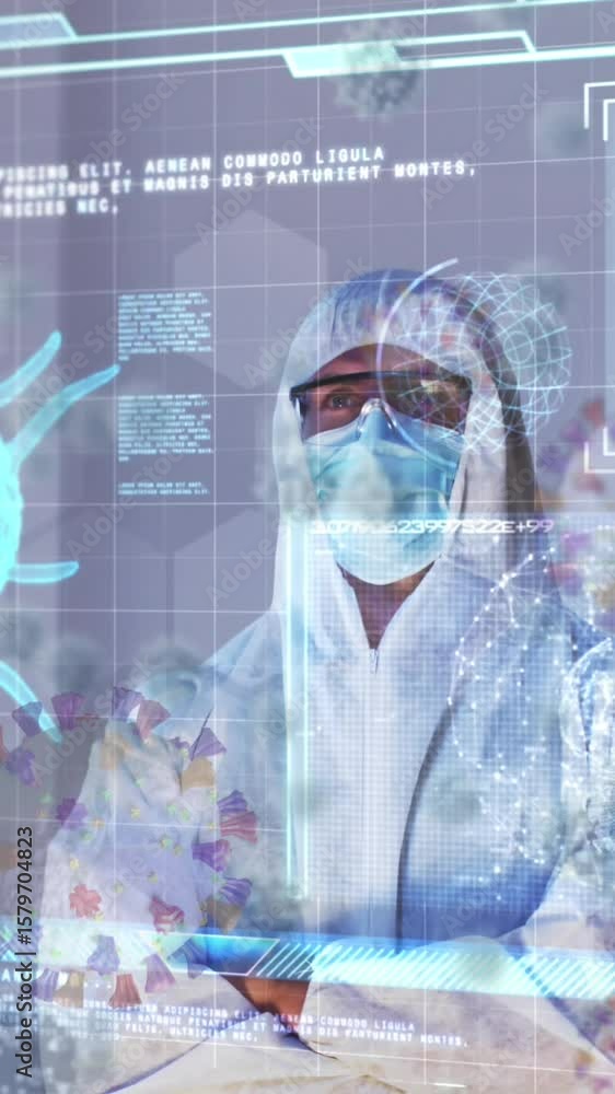 Poster animation of medical data processing over patient view of surgeons operating in theatre