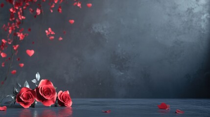 Romantic rose arrangement with falling heart petals