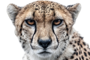 Close-up of cheetah face with intense gaze isolated on transparent background