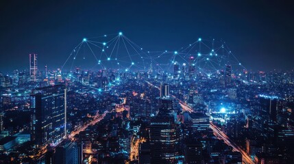 illuminating urban connectivity at night: a panoramic view of interconnected cityscapes showcasing data networks and glowing skylines, representing global communication and technological advancement